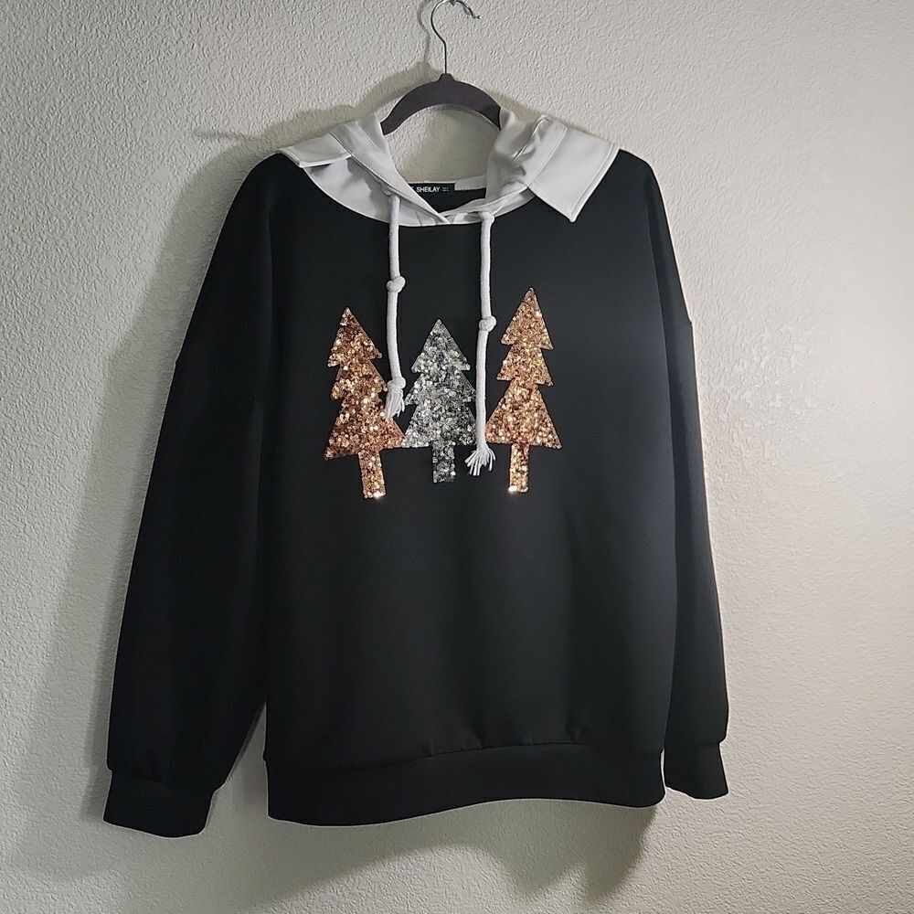 SHEILAY black sweatshirt with sequin trees, size XL